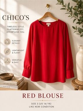 Chico’s Red Blouse Size 3 US 16 18 Long Sleeve Minimalist Work Top